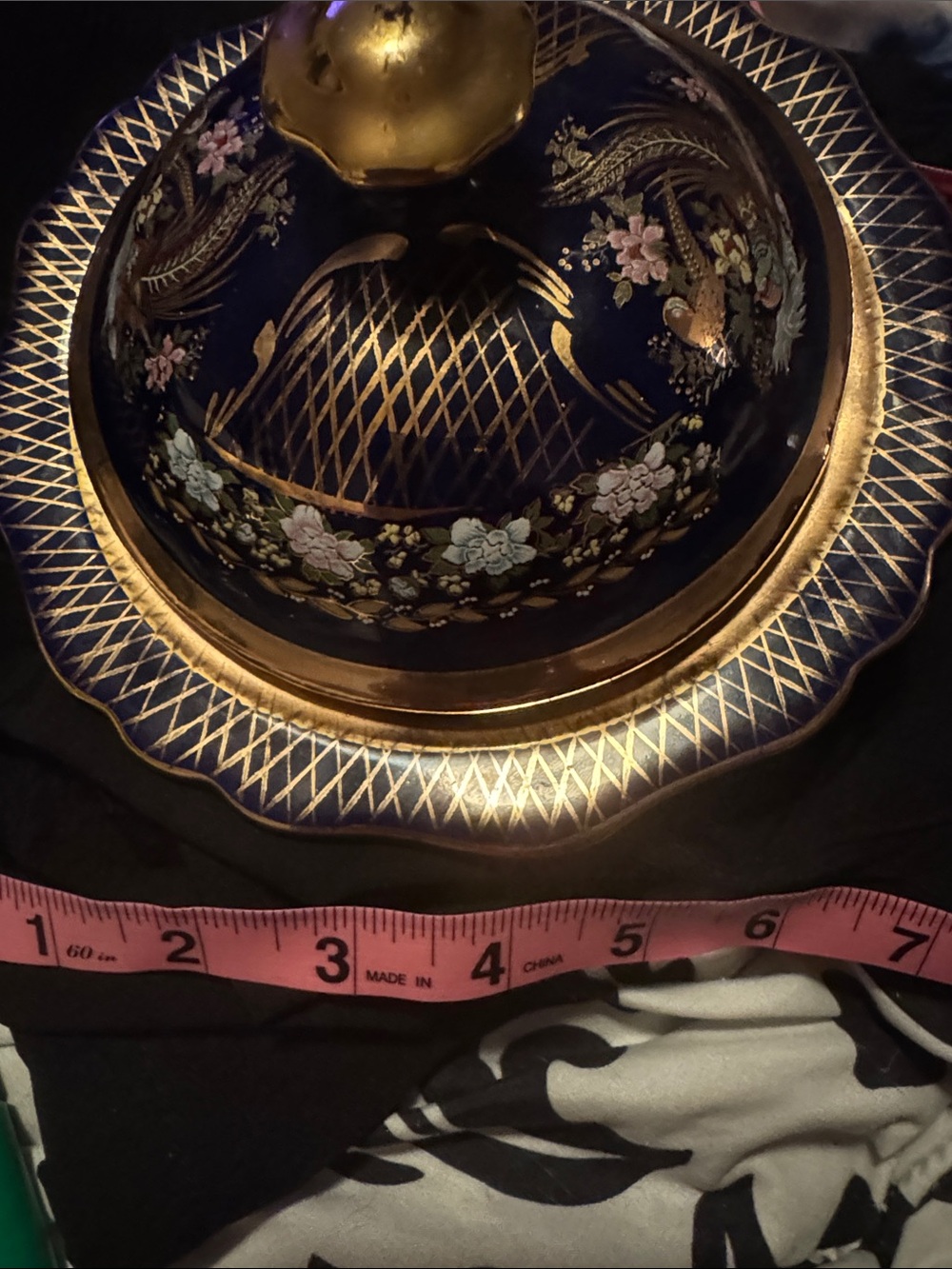 Decorative Navy and Gold Covered Bowl with Floral Motif